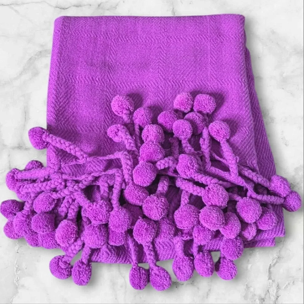 Karma Living Textured Purple Woven Cotton Sofa Throw With Large Pom Pom Fringe
